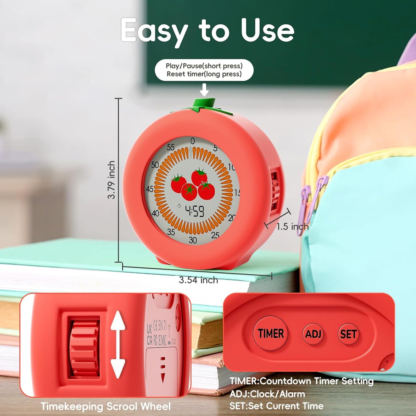 Tomato Visual Timer for Kids, 299 Minute Cute Pomodoro Countdown Timer, Kitchen Cooking Helper Timer with Pause Function, Clock and Alarm, Digital Timer for Classroom, Office and Meetings