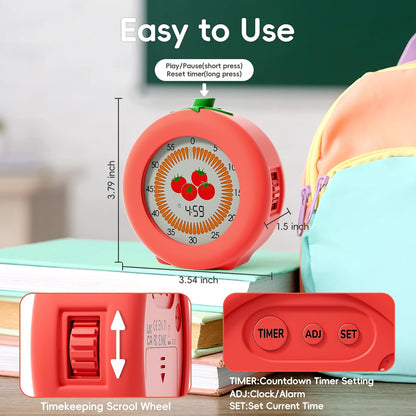 Tomato Visual Timer for Kids, 299 Minute Cute Pomodoro Countdown Timer, Kitchen Cooking Helper Timer with Pause Function, Clock and Alarm, Digital Timer for Classroom, Office and Meetings