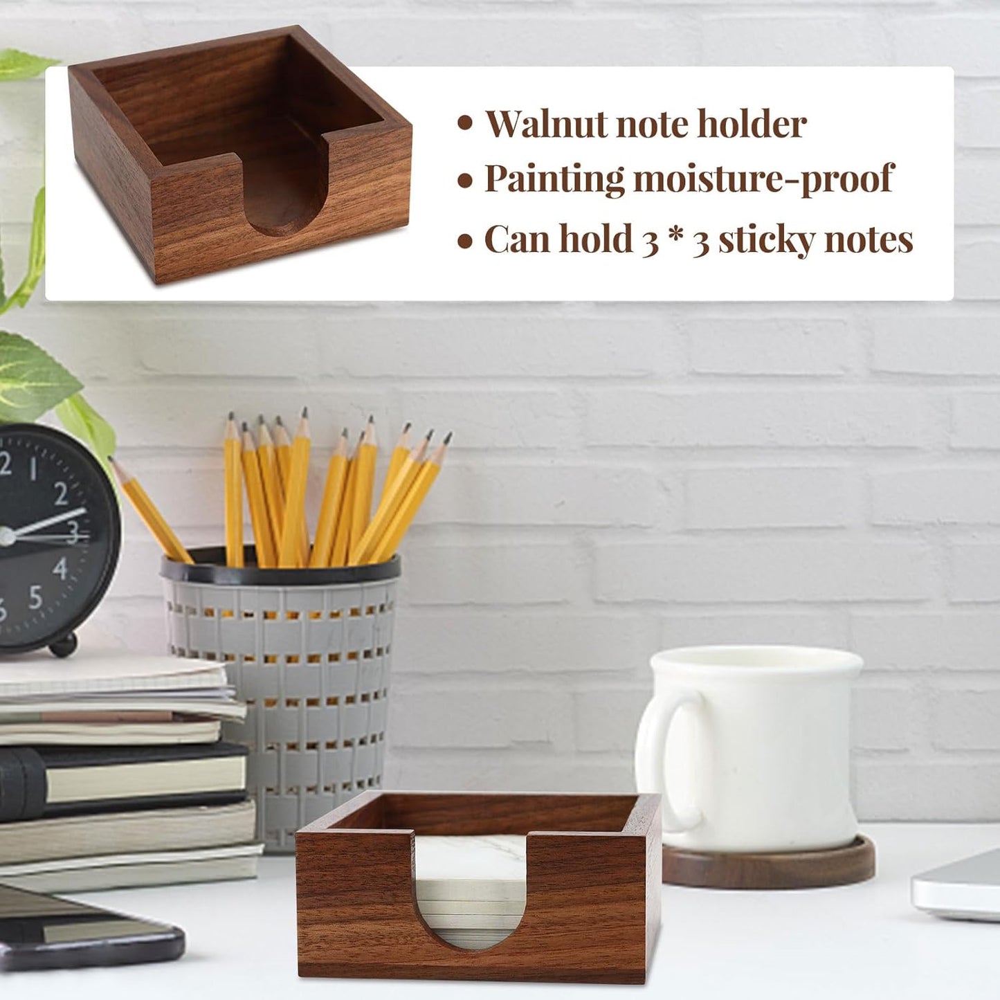 MultiBey Walnut Wood Sticky Notes Holder for Desk, 4x6 Inch Self -Sticky Note Memo Holder, Wooden Sticky Note Dispenser Office Desk Organizer for Dorm Room Office Home School (S)