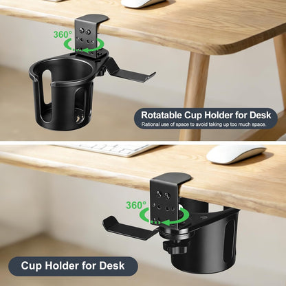MYITYARD Desk Cup Holder Clamp, Anti-Spill Clip On Table Cup Holder, Rotatable Water Bottle Stand Drink Coffee Mug Storage, Office Accessories for Home and School (Black)