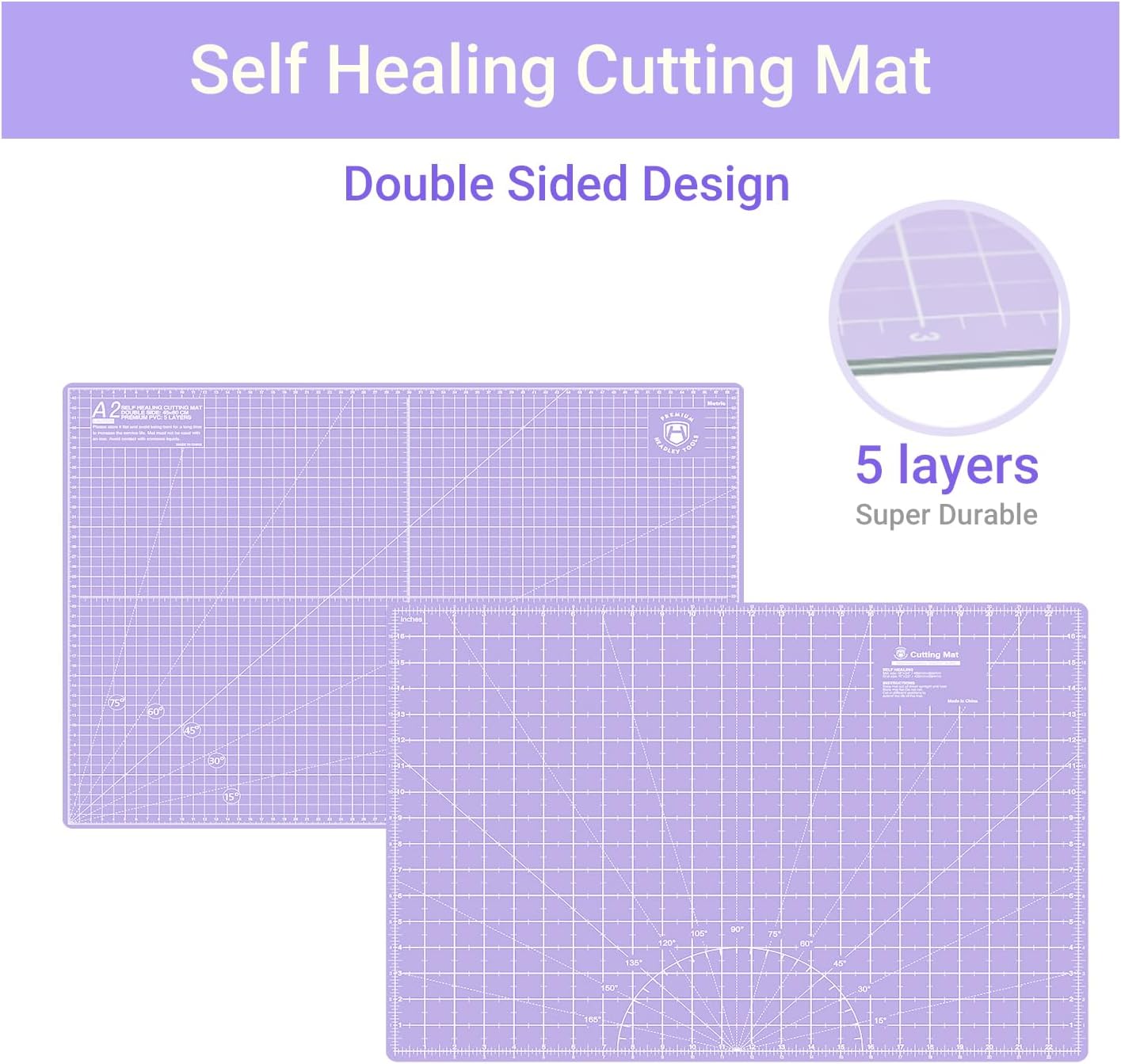 Headley Tools Rotary Cutter Set - 45mm Fabric Cutter, 5 Extra Rotary Blades, A3 Cutting Mat, Quilting Ruler and Sewing Clips, Craft Knife Set, Ideal for Crafting, Sewing, Patchworking, Purple