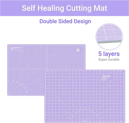 Headley Tools Rotary Cutter Set - 45mm Fabric Cutter, 5 Extra Rotary Blades, A3 Cutting Mat, Quilting Ruler and Sewing Clips, Craft Knife Set, Ideal for Crafting, Sewing, Patchworking, Purple