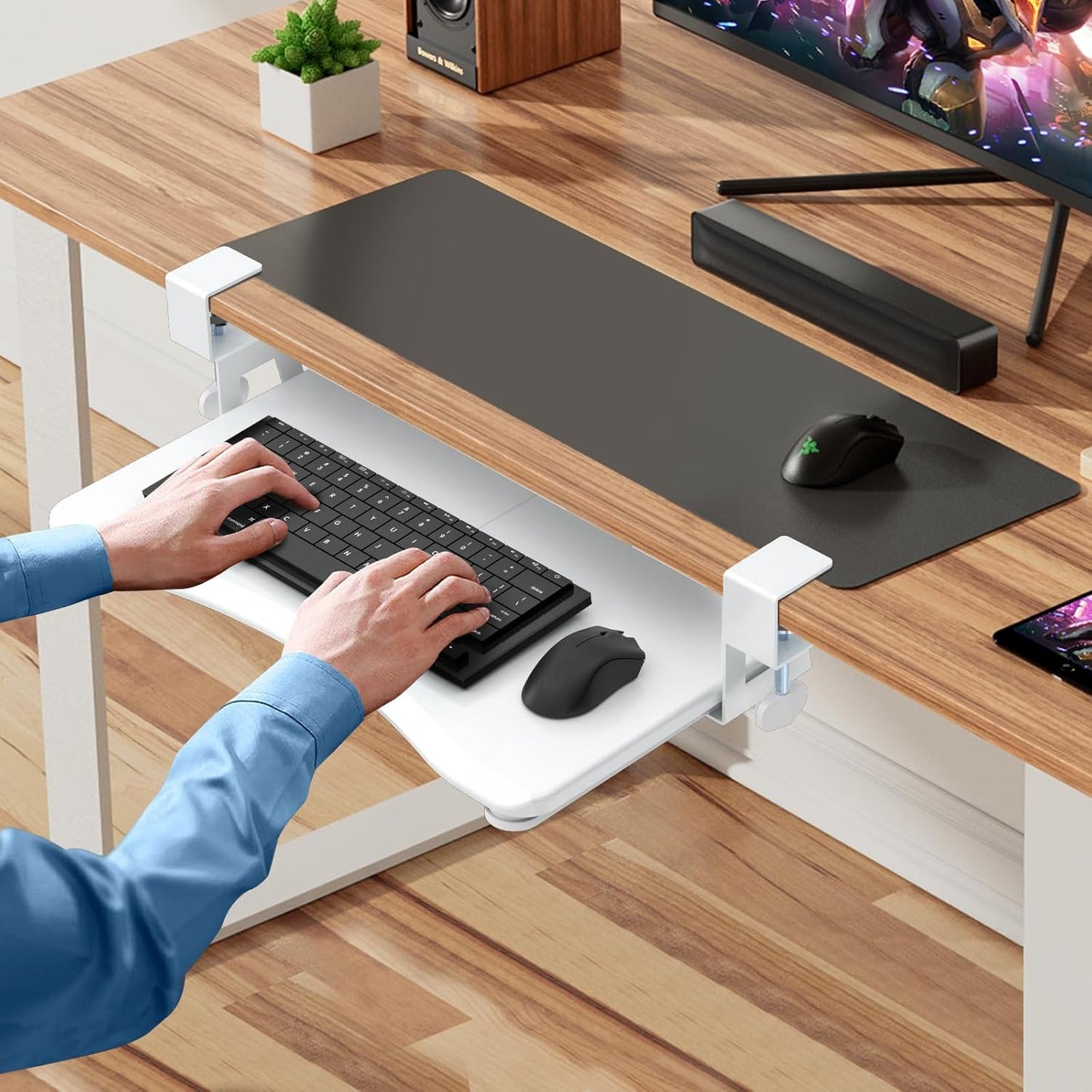suptek Keyboard Tray Under Desk Pull Out with C Clamp Mount, Computer Keyboard & Mouse Tray, 25.6 (30 Including Clamps) x 11.8 inch Slide-Out Platform Computer Drawer for Typing, Black, DSF1