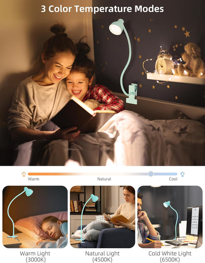 LiFMIRA Clip-on Reading Light - 3 Color Modes, 10 Dimmable Brightness, Eye Care Clamp Desk Lamp with Flexible Gooseneck for Reading in Bed, Desk, Headboard, Computer