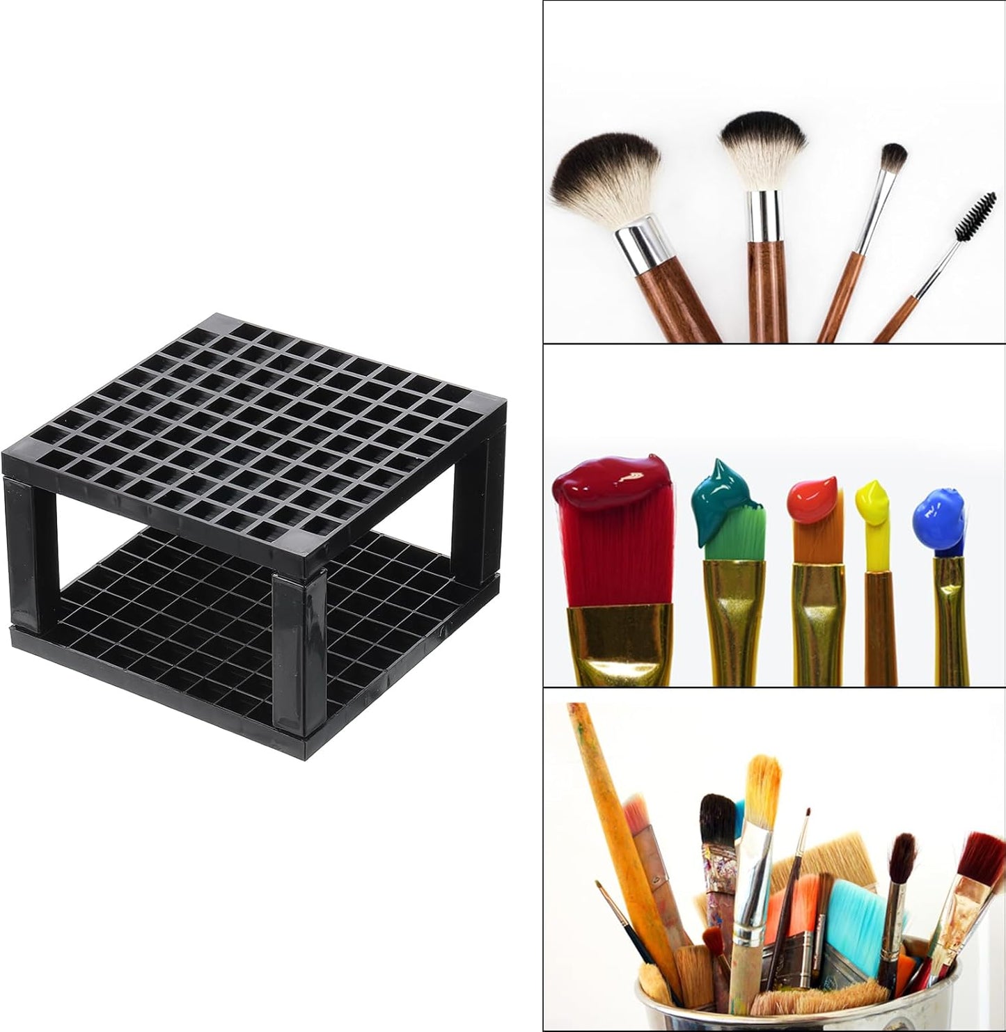PATIKIL 2pcs Black Minimalist Square Paint Brush Holder, 96 Holes Plastic Storage Desk Stand for Artist Desk Makeup Pencil, Black