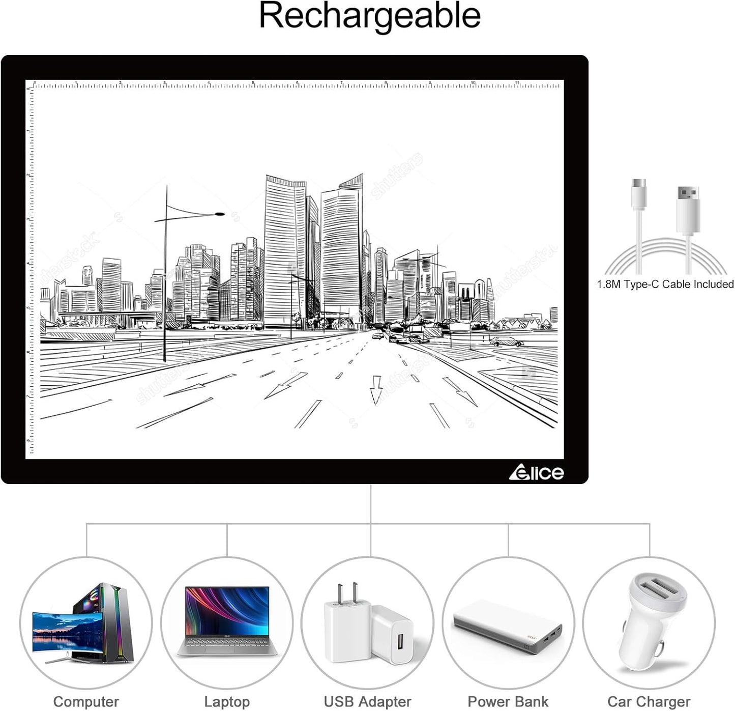 Rechargeable A4 Light Pad with Innovative Stand and Top Clip, Elice Wireless Bright Light Tracing Board Portable LED Artcraft Tracer Box for Artists, Drawing, Cricut Weeding Vinyl, Diamond Painting