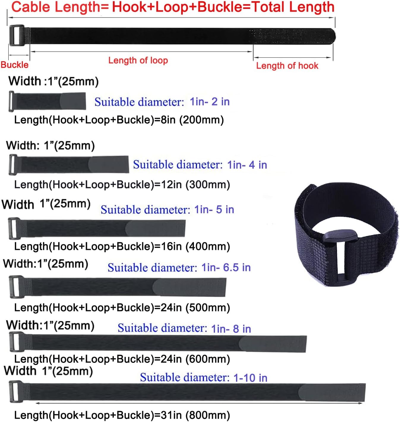 Fastening Nylon Strap with Buckle,10Pack Reusable Self-Adhesive Hook and Loop Cable Securing Straps,Adjustable Cinch Straps for Cords Organized and Tidy(1" x 8")