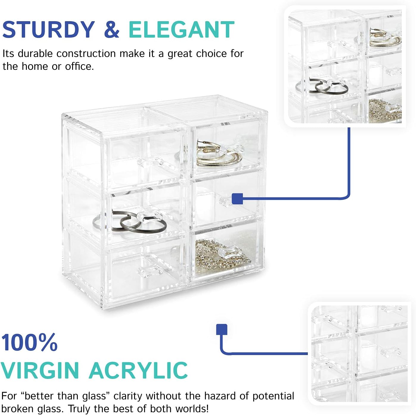 Huang Acrylic Clear Stackable Upright 3-Drawer Organizer, Makeup Jewelry Accessories Cosmetic Countertop Storage Display 3.5 x 3.25 x 5.75 inches