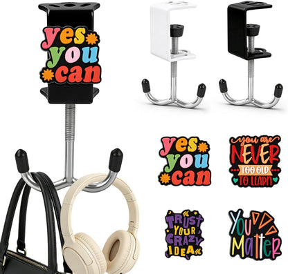 AULEEP 2 Pack Clamp-On Under Desk Bag Hook, Adjustable Purse Holder for Table with Cute DIY Stickers, 100 lbs Capacity Heavy-Duty Desk Organizer Hooks for Handbag, Backpack, Headphone, Black