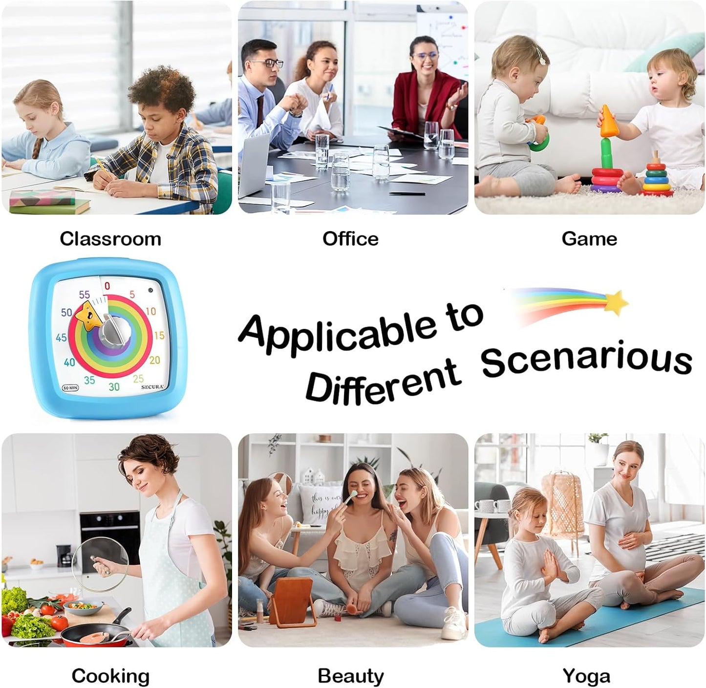 Secura 60-Minute Visual Timer, Silent Study Timer for Kids and Adults, Time Clocks, Time Management Countdown Timer for Teaching (Black & Cloud)