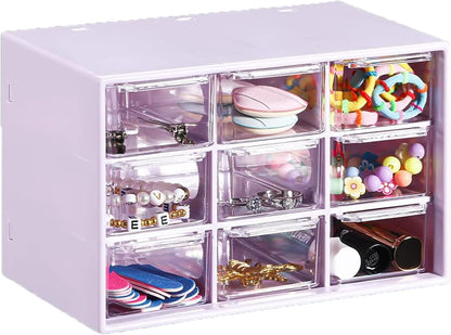 Small Drawer Organizer for Desk, 7.1" x 3. 8" x 4.6" Mini Desktop Drawer Organizer with 9 Clear Drawers, Plastic Desktop Craft Storage Box for Desk Office School Home (White)
