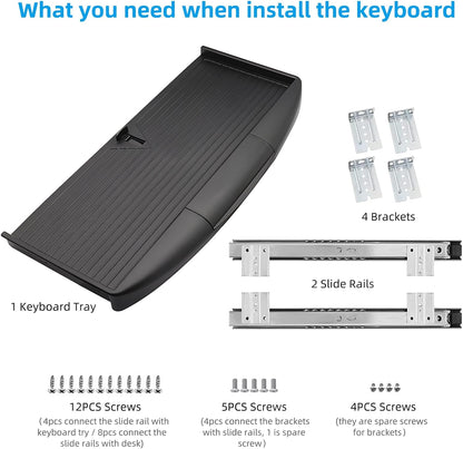 TOOCUST Under Desk Keyboard Tray, 20" Wx11"D Sturdy Key Board Tray Under Desk Slide with Pen Tray, Desk Extender with Pen Holder,Black