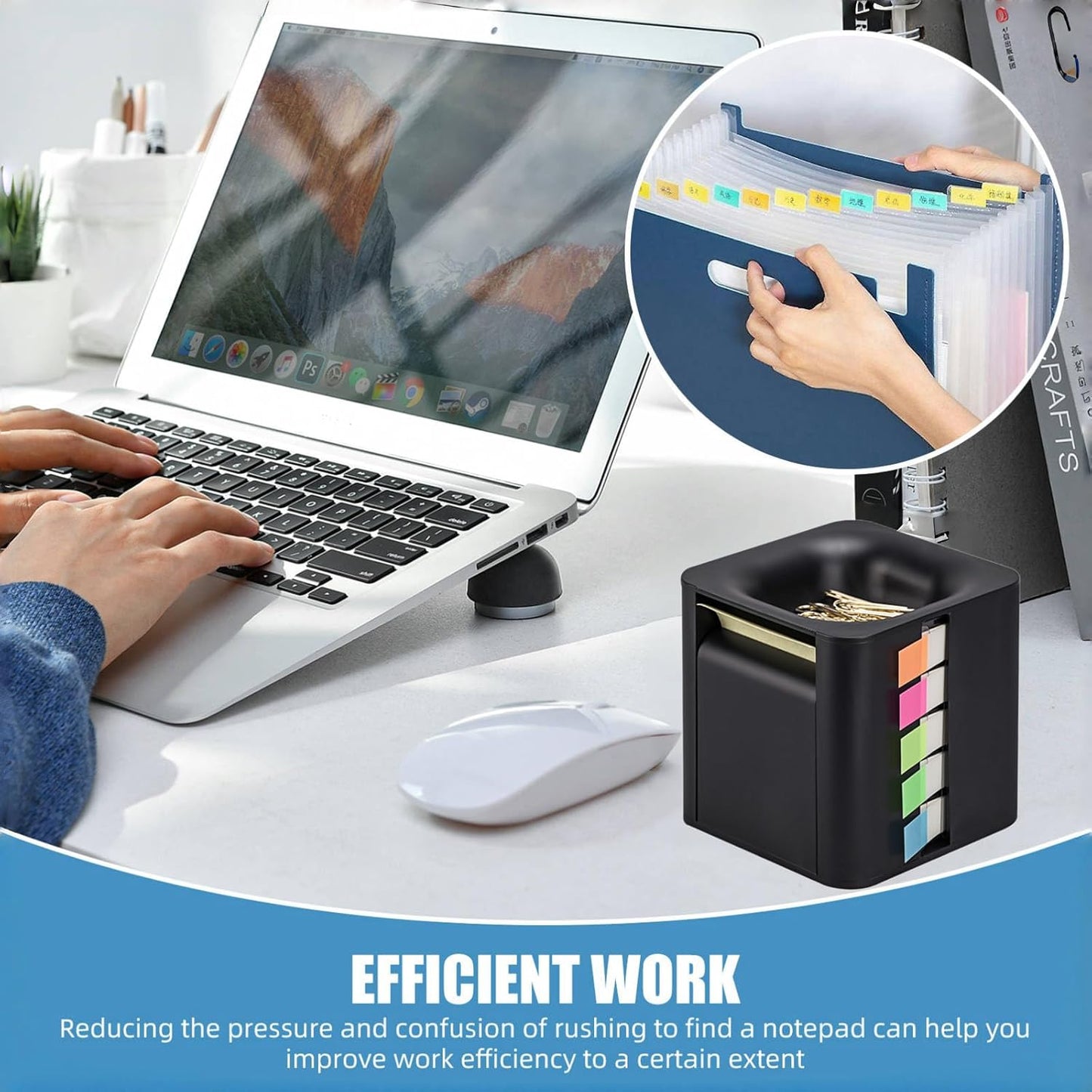 Sticky Note Holder and Dispenser with Magnetic Paper Clip Holder, 3x3 Pop-Up Note and Annotation Labels,Full Adhesive Note Roll Desktop Organizer.5-in-1 Multi-Function Standing Sticky Note Box(White)