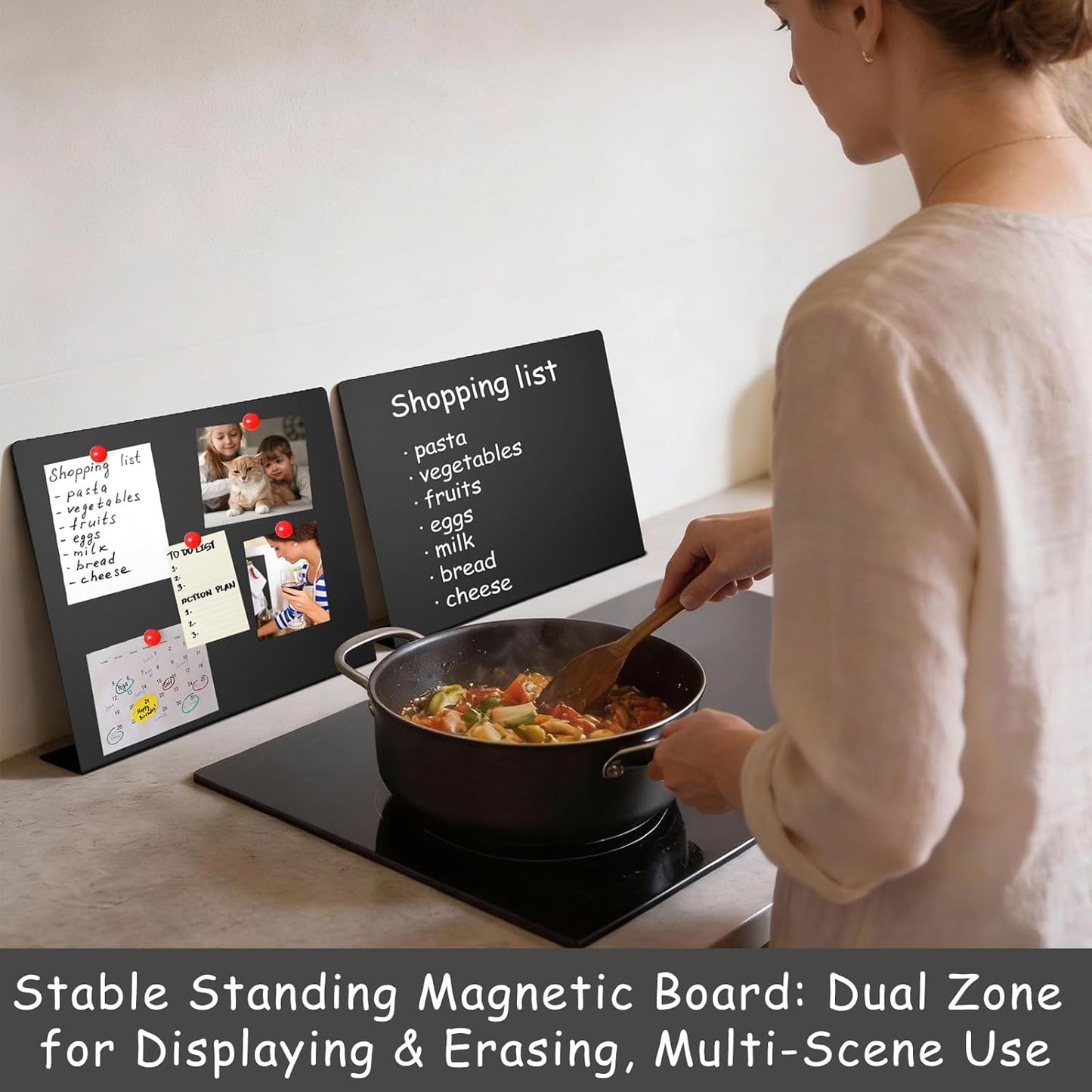 Geyoga 2 Pack Magnetic Bulletin Board with Stand, 16 x 12 Inch Black Magnet Display Board for Memo, Menu, Notes, Photos, for Kitchen Countertop, Office Desk, School