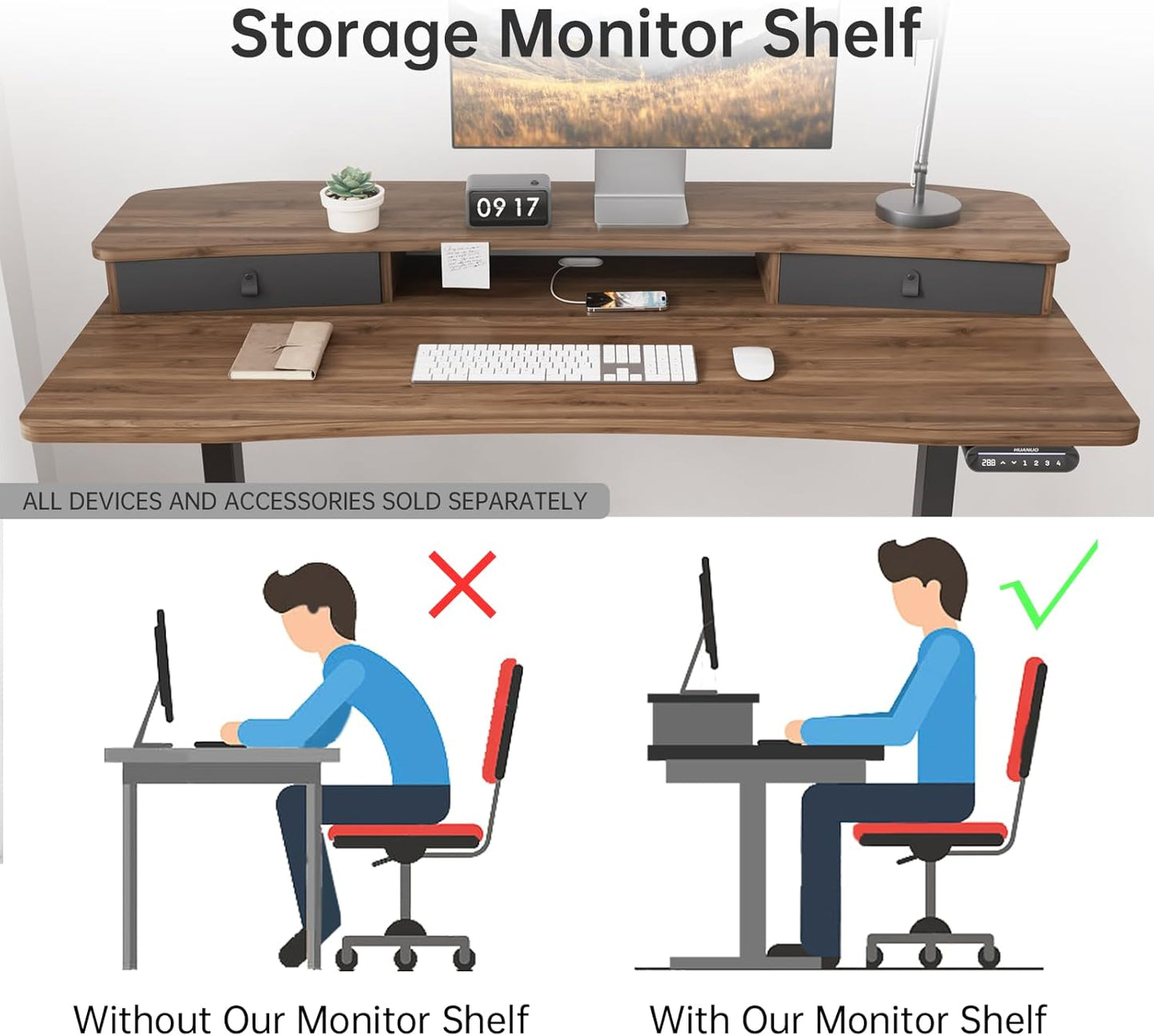 HUANUO 48″ x 24″ Electric Standing Desk with 2 Drawers, C-Clamp Mount Compatible, Height Adjustable Computer Desk, Home Office Stand Up Desk with 4 Preset Heights & 2 Hooks, Black