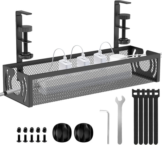 Cable Management, 25.3'' Under Desk Cable Management Tray No Drill, Metal Cable Organizer with Clamp for Wire Management, Cord Organizer for Home Office, Desk Accessories Organizer, Black