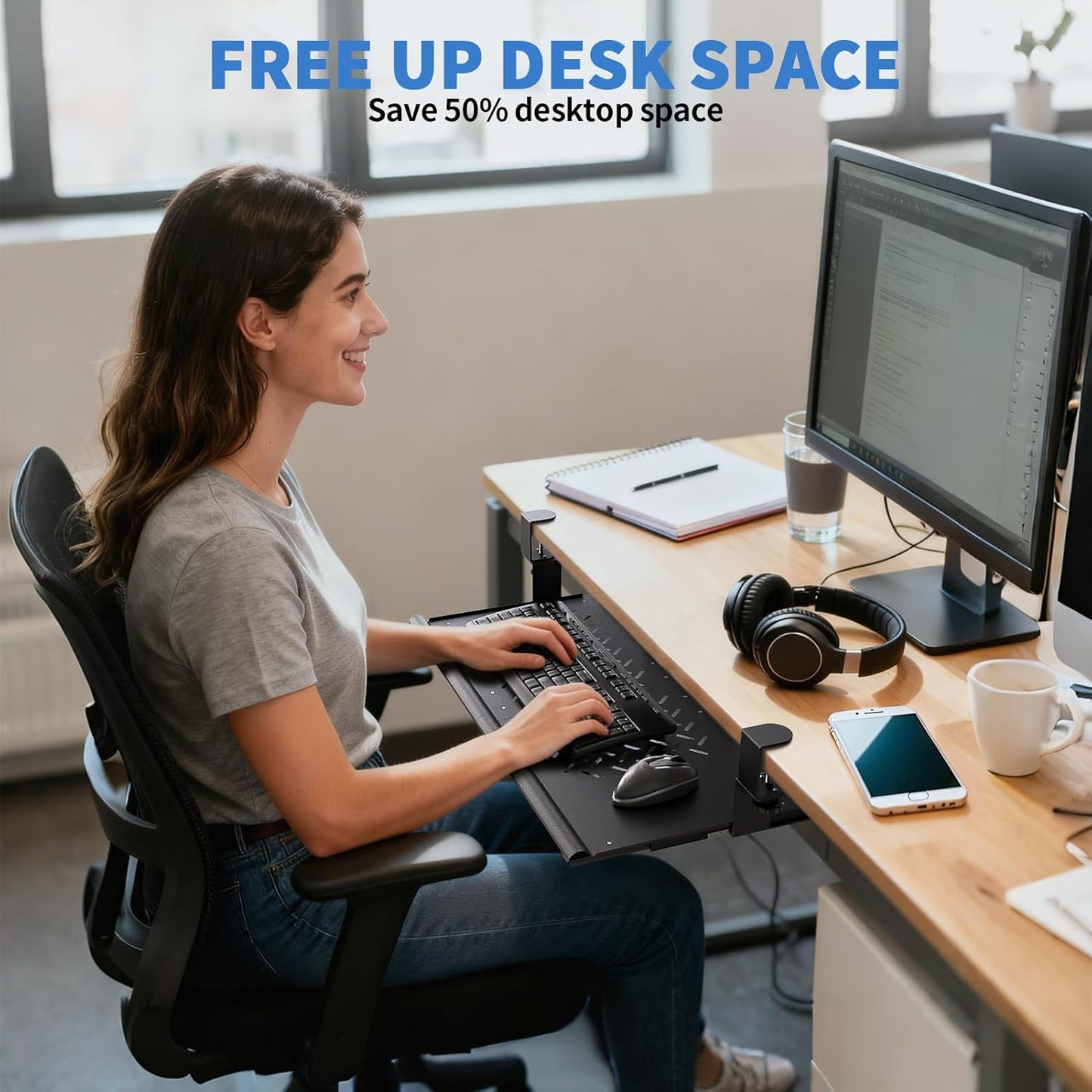 Keyboard Tray Under Desk - Full Metal Slide Out Holder, Rust-Resistant & Scratch-Proof, 26x13" Tray, Double C-Clamps for L Shape/Regular Desks, Standing/Sitting Workstation(Black-A)