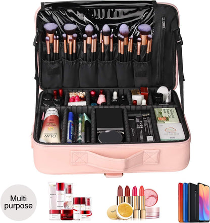 Relavel Makeup Case Large Makeup Bag Professional Train Case 16.5 inches Travel Cosmetic Organizer Brush Holder Waterproof Makeup Artist Storage Box, 3 Layer Large Capacity, with Adjustable Strap