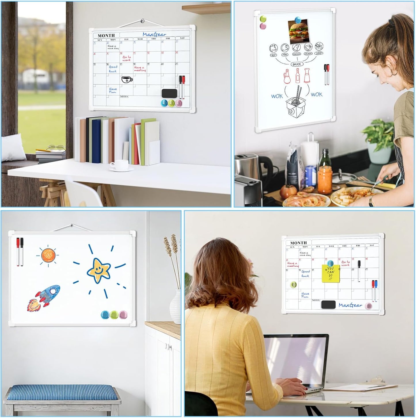MaxGear Monthly Calendar Dry Erase Board for Wall, 16"x12" Small Hanging Double-Sided White Board, Portable Whiteboard for Planning, Drawing, Memo, to Do List, School, Home, Kitchen, Office