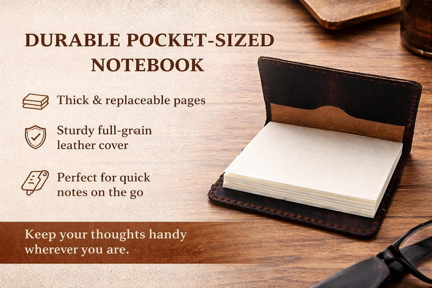 Leather Journal Cover for 2.5 x 4 Inches Pocket Notebooks – Handmade Refillable Mini Notebook Cover – Compatible with Outus, Qeeenar & Similar Small Journals, Travel Memo Pads & Pocket Diaries