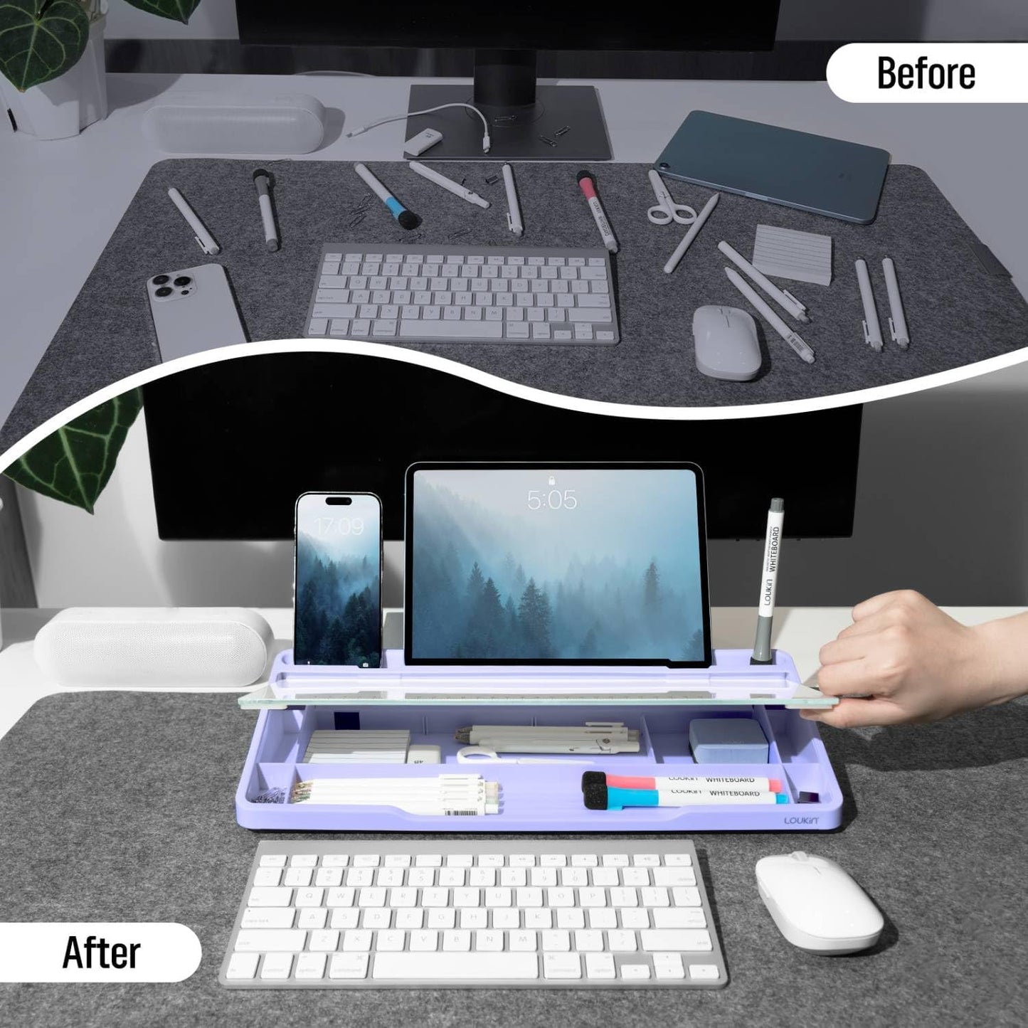 LOUKIN Glass Desktop Whiteboard, 15.3" x 5.6" Dry Erase Desk Board with Dotted and Graduated Surface, Desktop Buddy, Great for Design and Drawing, 3 Markers and 1 Dry Erase Eraser Included (Purple)