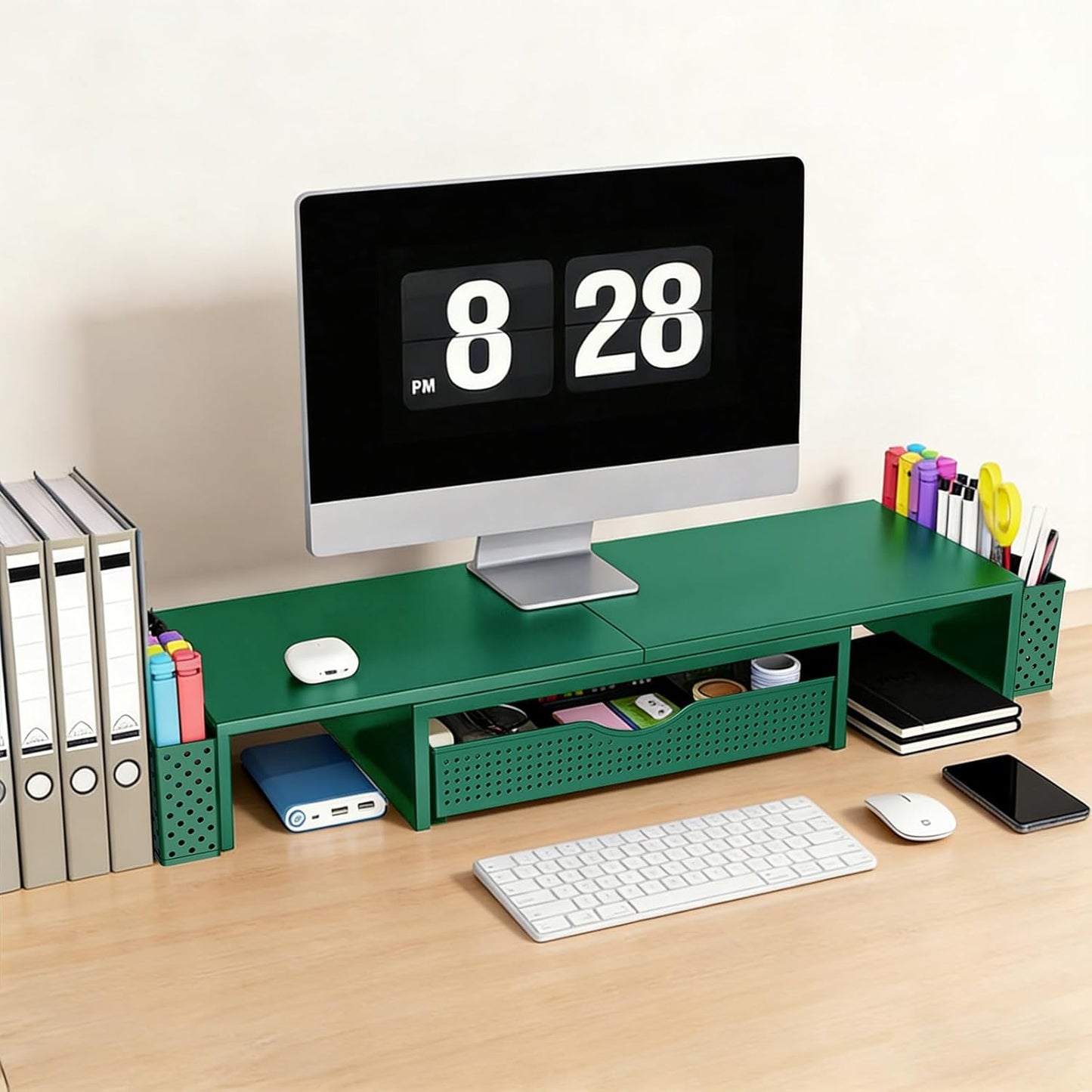 Spacrea Metal Desk Organizers and Accessories, Dual Monitor Stand Riser with Drawer and 2 Pen Holders, Desk Accessories & Workspace Desktop Organizers for Office Supplies (Wood)