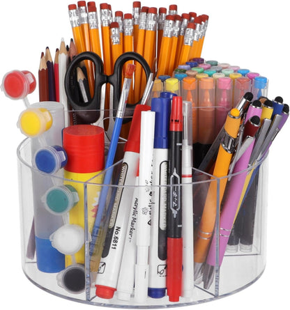 OMISTAR Acrylic Rotating Pen Holder, 5.1 x 7.5 in Desk Organizer With 6 Compartments, 360° Art Supply Storage Caddy, Portable Clear Pencil Organizer for Home and Office
