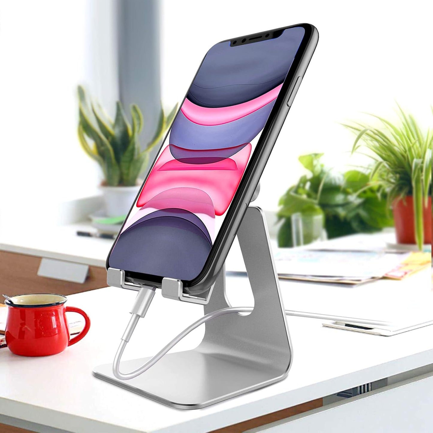 CreaDream Adjustable Cell Phone Stand, Phone Stand, Cradle, Dock, Holder, Aluminum Desktop Stand Compatible with Phone 16 15 14 13 12 11 Pro Max Plus SE, Accessories Desk, All Mobile Phones-Rose Gold