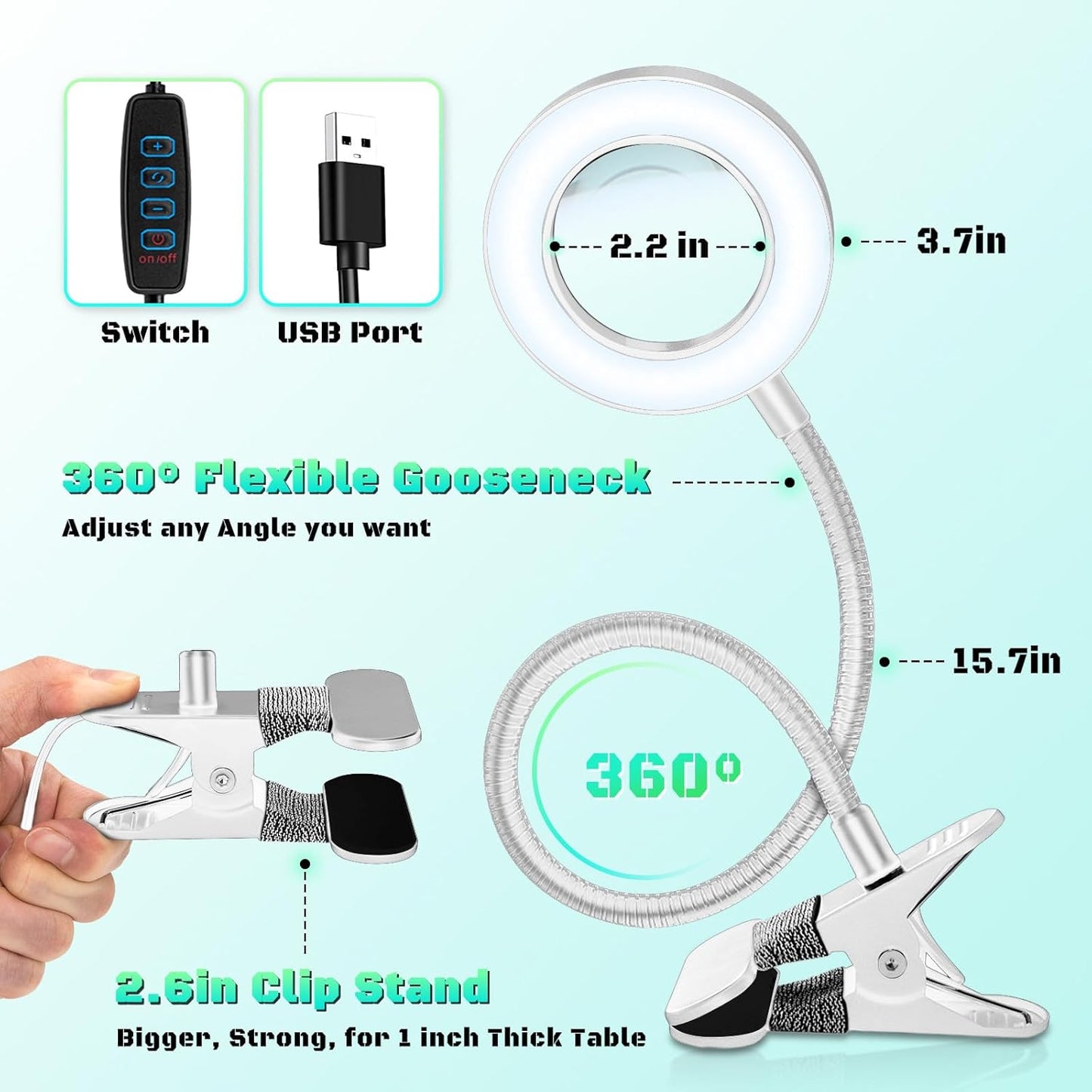 10X Magnifying Glass with Light, Clip on Mganifier with Light, 48 LED Desk Magnifying Glass wtih Clamp, 3 Modes Dimmable Magnifying LED Lamps for Bed Work Crafts DIY Repair