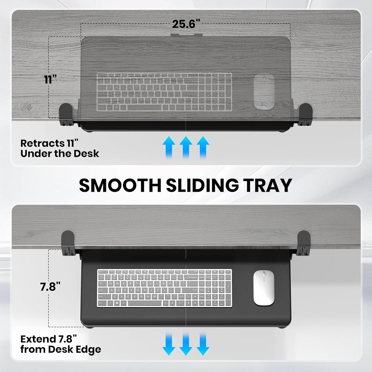 Keyboard Tray Under Desk, Pull Out Keyboard & Mouse Tray with Adjustable C-clamp, 25.6(31.5 Including Clamps) x 11.8 Inch Slide Out Computer Keyboard Drawer Mouse Tray for Typing,White