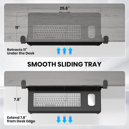 Keyboard Tray Under Desk, Pull Out Keyboard & Mouse Tray with Adjustable C-clamp, 25.6(31.5 Including Clamps) x 11.8 Inch Slide Out Computer Keyboard Drawer Mouse Tray for Typing,White