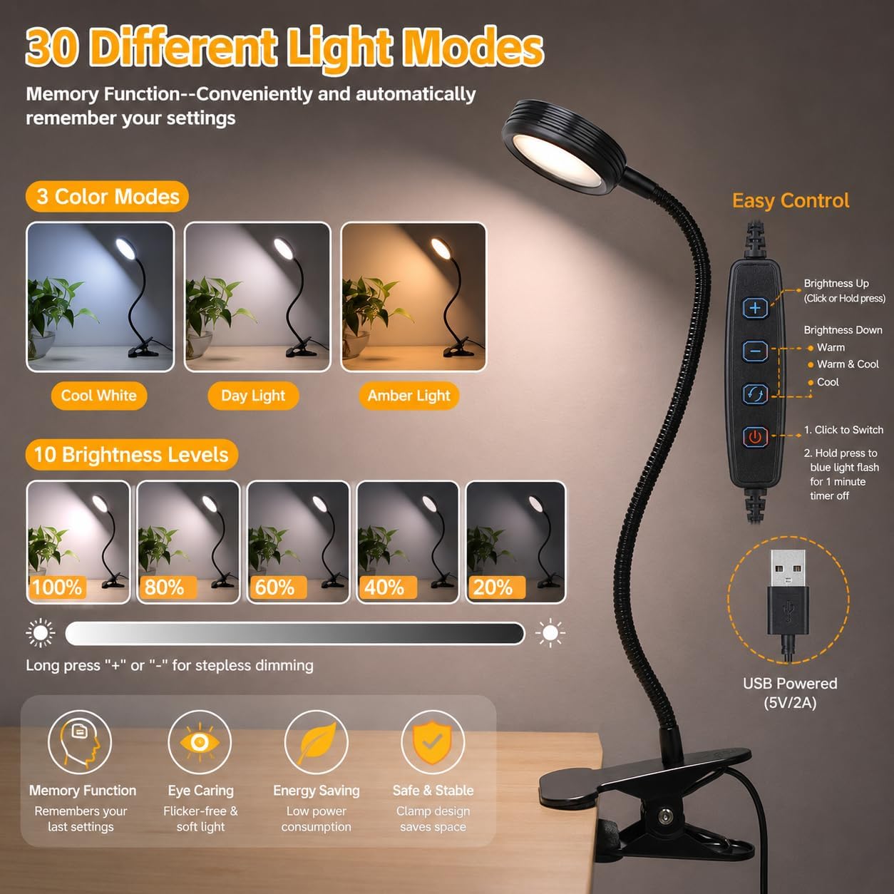 USB Clip-On Desk Lamp with 3 Color Modes, Adjustable Brightness, Gooseneck, 1 Minute Timer, Book Light for Reading Book in Bed at Night Clip on Table, headboard, Dorm, (Warm+Cool White, 8W)