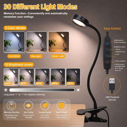 USB Clip-On Desk Lamp with 3 Color Modes, Adjustable Brightness, Gooseneck, 1 Minute Timer, Book Light for Reading Book in Bed at Night Clip on Table, headboard, Dorm, (Warm+Cool White, 8W)