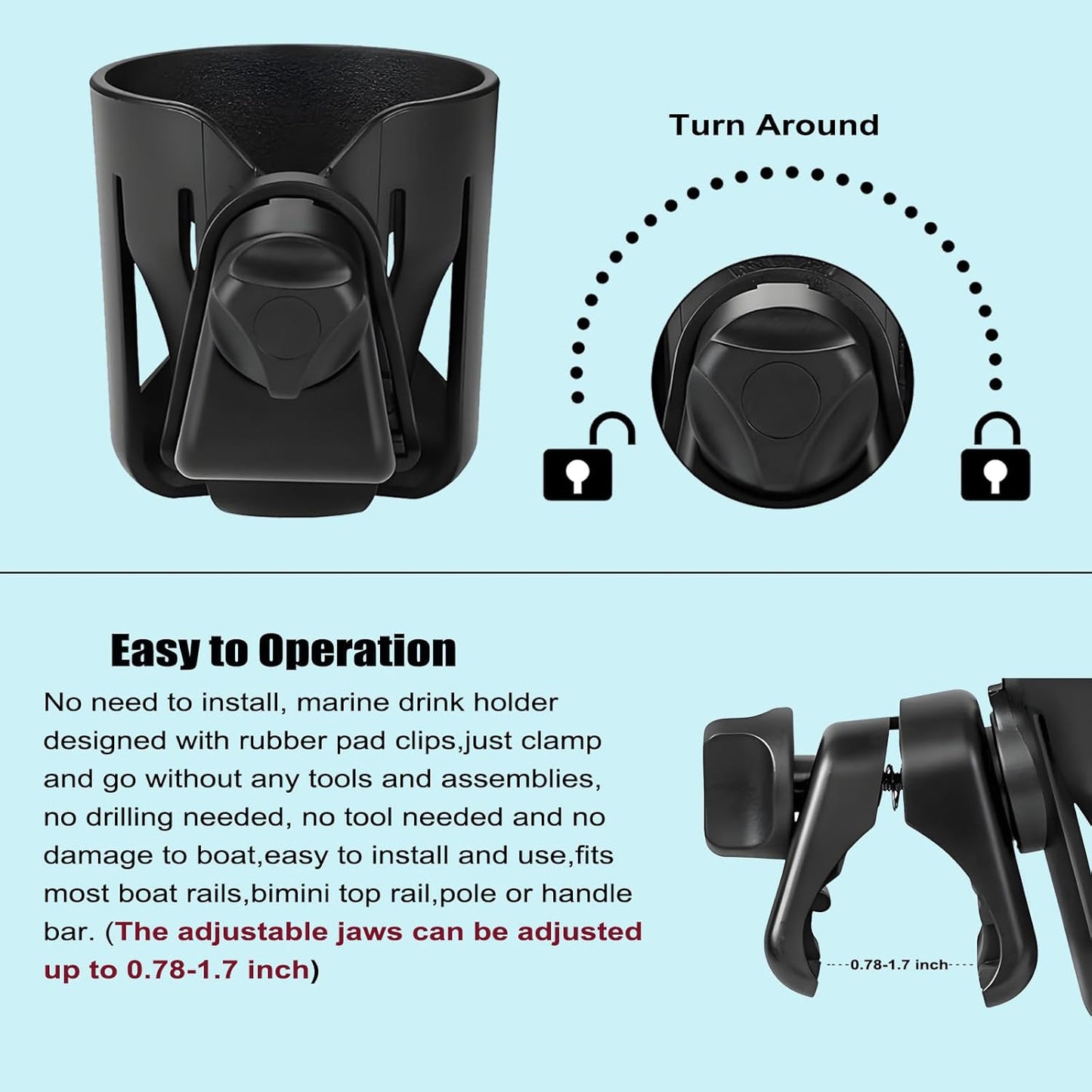 Marine Boat Rail Cup Holder, Clamp-on Mount Marine Universal Rotation Drinks Holder, No Drilling Install On Bimini Top Rail Or Pole, Grip Rail, Grab Bar, Yacht, Kayak, Bikes, Boat Gifts for Boat Lover