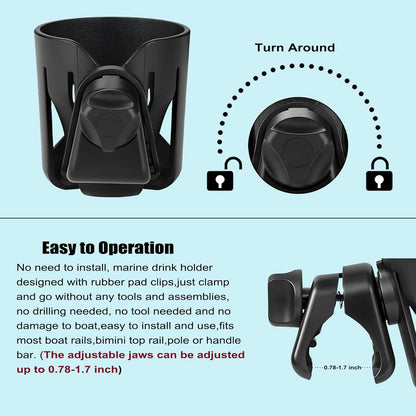Marine Boat Rail Cup Holder, Clamp-on Mount Marine Universal Rotation Drinks Holder, No Drilling Install On Bimini Top Rail Or Pole, Grip Rail, Grab Bar, Yacht, Kayak, Bikes, Boat Gifts for Boat Lover