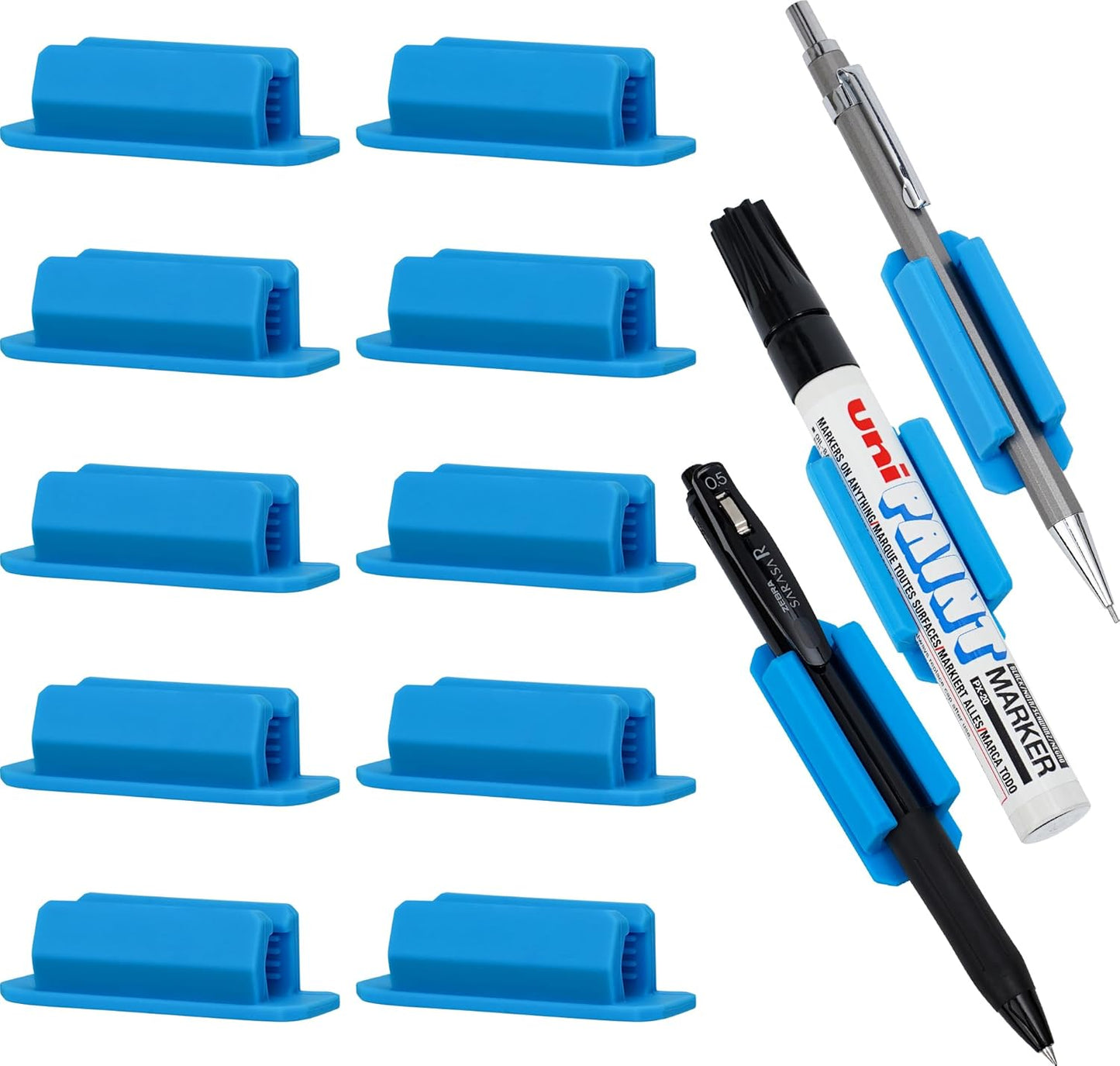 10 PCS Pen Holder for Desk, Adhesive Pen Holder for Classroom Clipboard Attachment, Silicone Pencil Holder & Marker Holder for School Office Desk Accessories,Teacher Supplies (Blue)