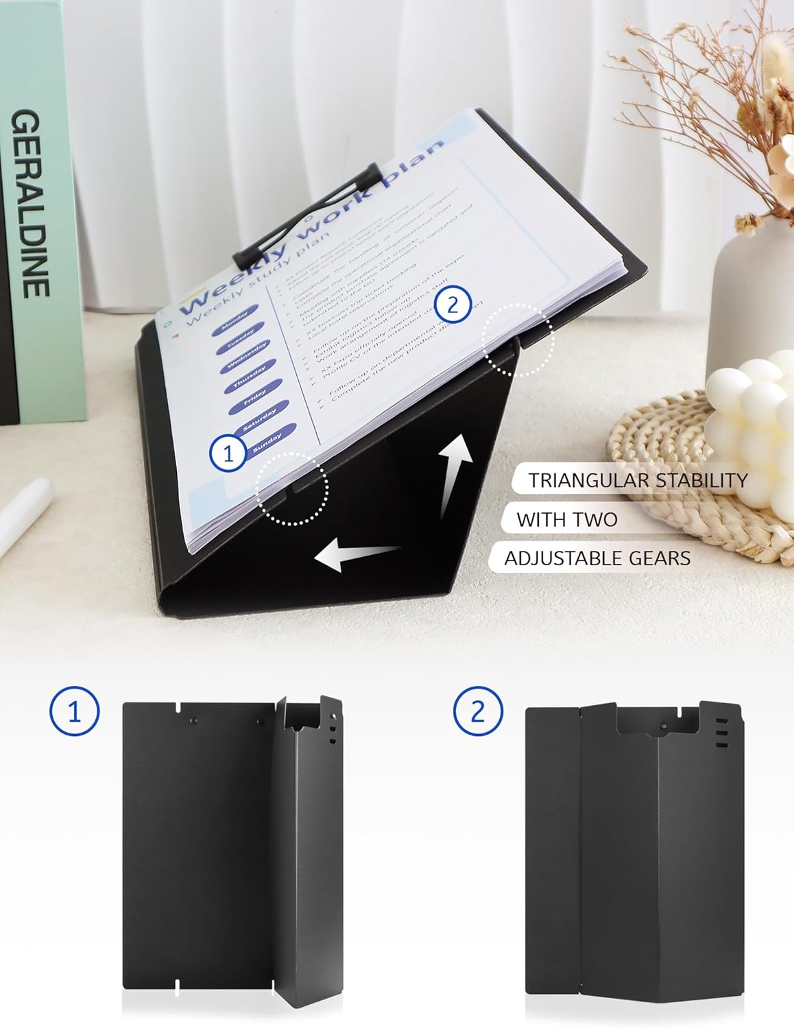 Free Standing Clipboard and Desktop Stand with Adjustable Buckles Easel Back - Foldable Stand and Document Holder for School, Office and Business Use (9.37 x 12.6 inches) (Black)