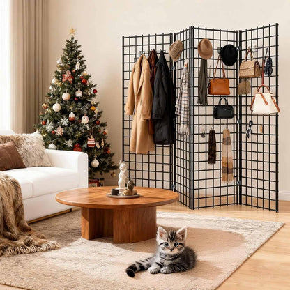 2' x 4' Black Gridwall Panels, 4-Pack Heavy-Duty Wire Grid Panel with 9 Connectors & 20 Hooks, Commercial & Home Wall Grid Display for Retail, Craft Shows, and Room Organization – 3" x 3" Grid