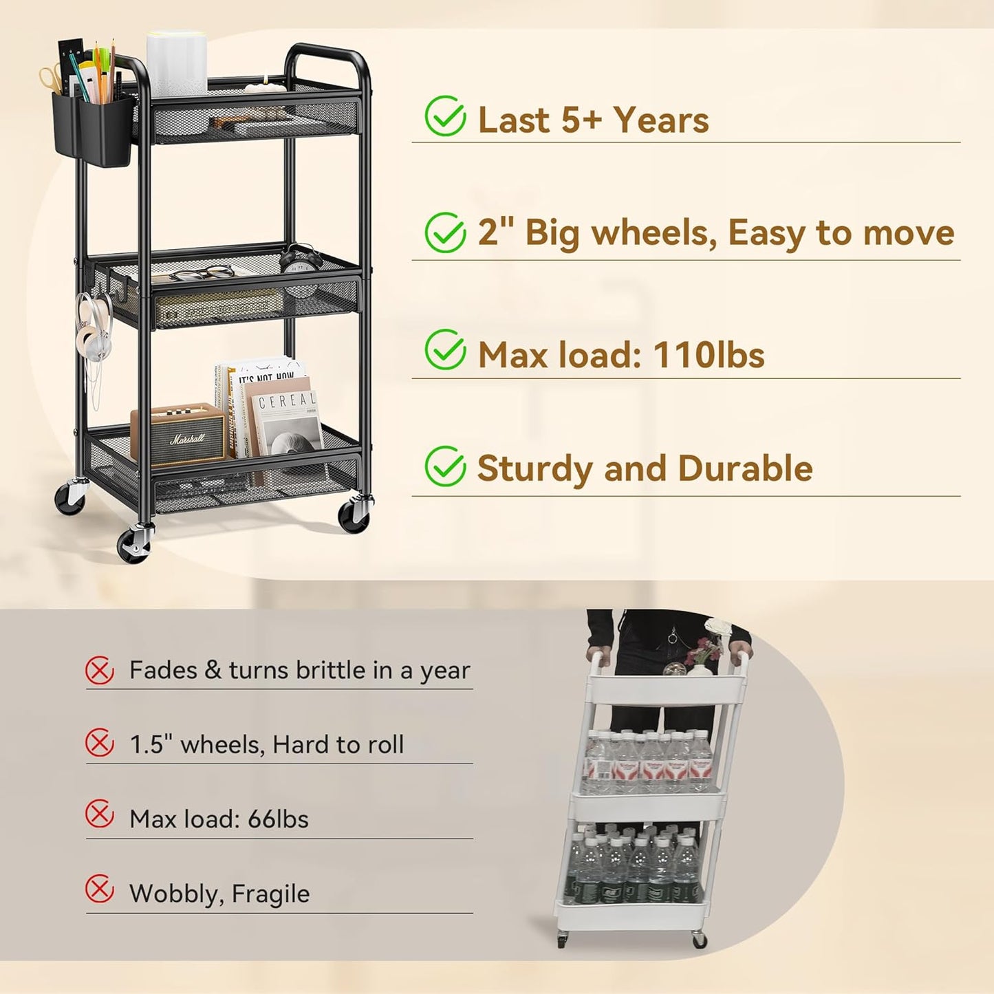 YASONIC 3 Tier Rolling Cart – Metal Utility Storage Carts with Wheels, Craft Carts Organizer with Hanging Cups, Hooks, Mesh Basket for Bedside Kitchen Office Art, Green