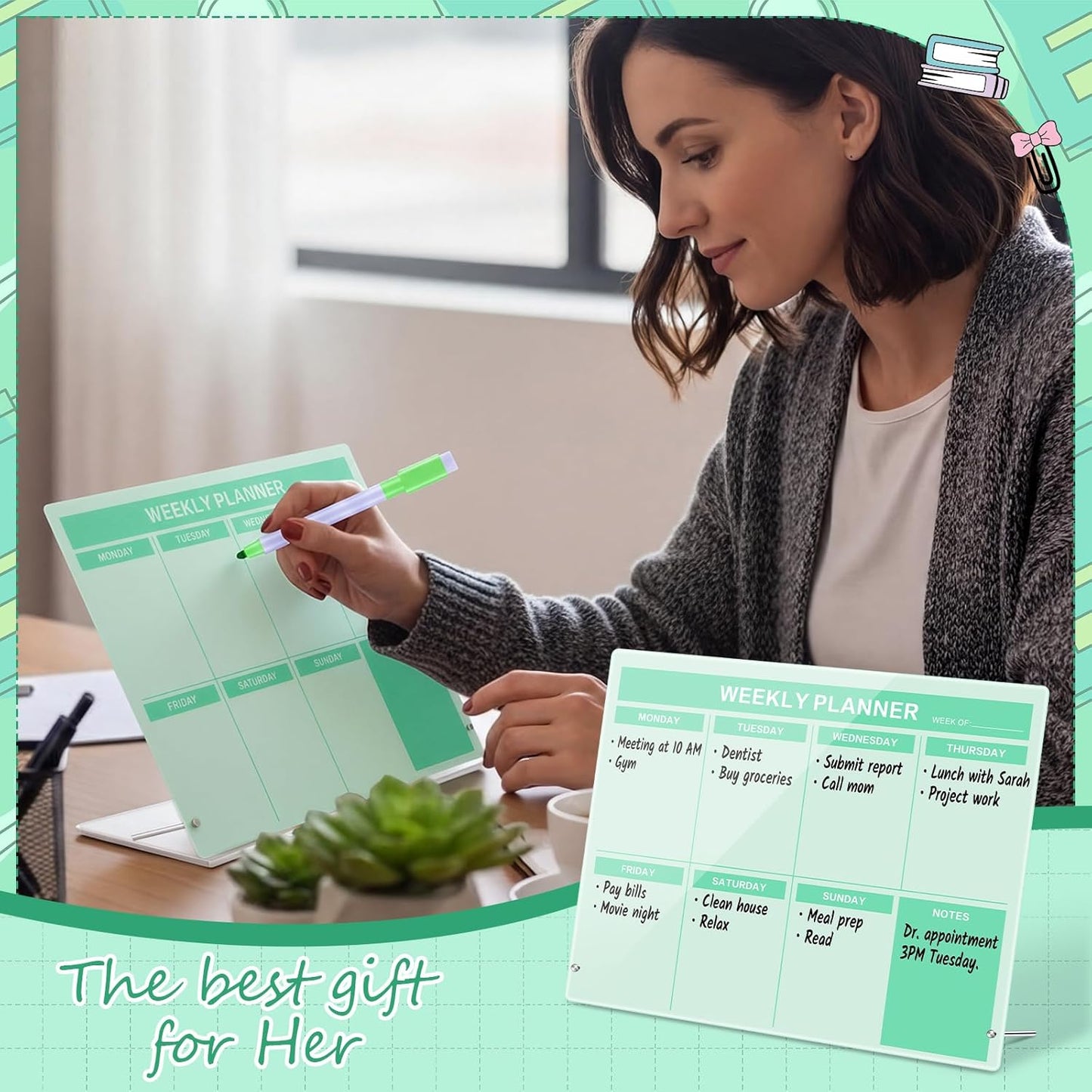 Desktop Acrylic Weekly Planner Board Acrylic Calendar Dry Erase Board with Stand to Do List Planner Boards with Daily Schedule and Markers for Family Home Office(Sage Green)