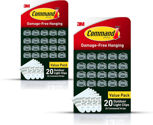 Command Outdoor Light Clips, 20 Clear Clips and 24 Command Strips, Damage-Free Hanging Outdoor Light Clips with Weather Resistant Strips, Wall Clip for Hanging Outdoor Lights and Cable Management