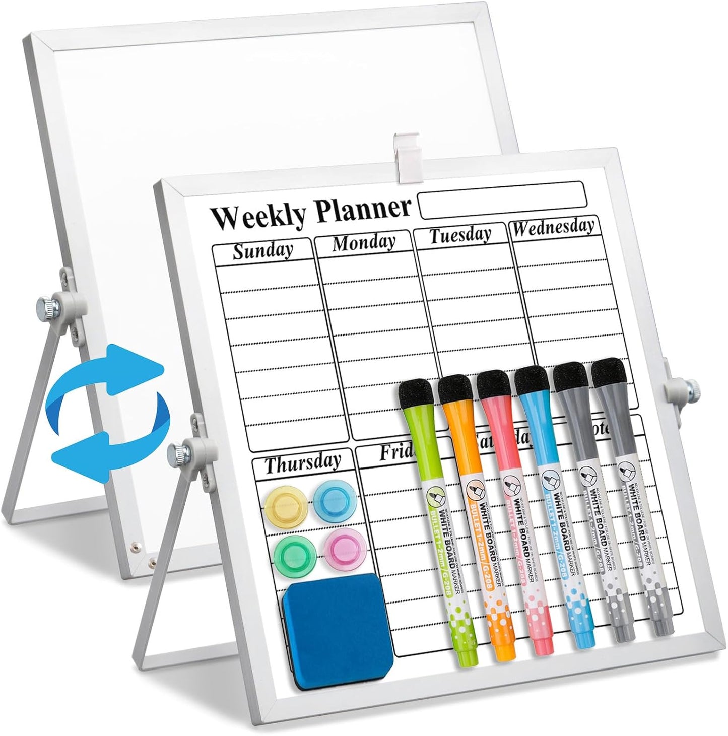 Magnetic Dry Erase White Board with Stand, 10" x 10" Double-Sided Desktop Whiteboard, Mini Portable Weekly Calendar Planner Board Set with 6 Markers, 4 Magnets, 1 Marker Holder & 1 Eraser