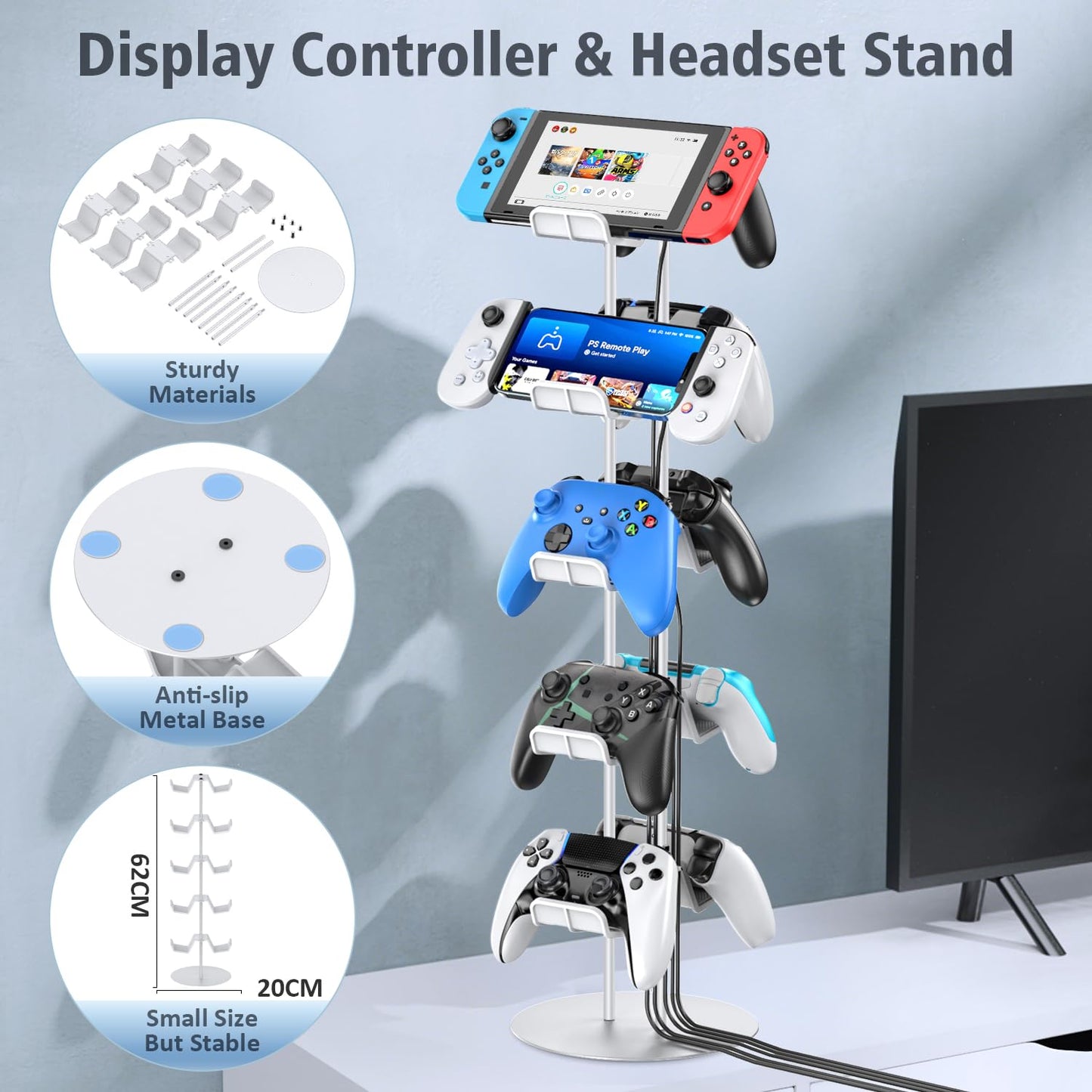 Kytok Controller Stand 4 Tiers with Cable Organizer for Desk, Universal Headphone Stand Compatible with Xbox PS5 PS4 Console Nintendo Switch, Headset Holder & Desk Mounts for 8 Packs Controller