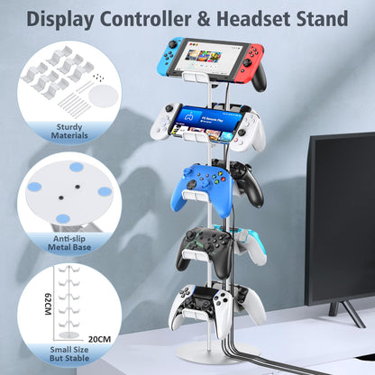 Kytok Controller Stand 4 Tiers with Cable Organizer for Desk, Universal Headphone Stand Compatible with Xbox PS5 PS4 Console Nintendo Switch, Headset Holder & Desk Mounts for 8 Packs Controller