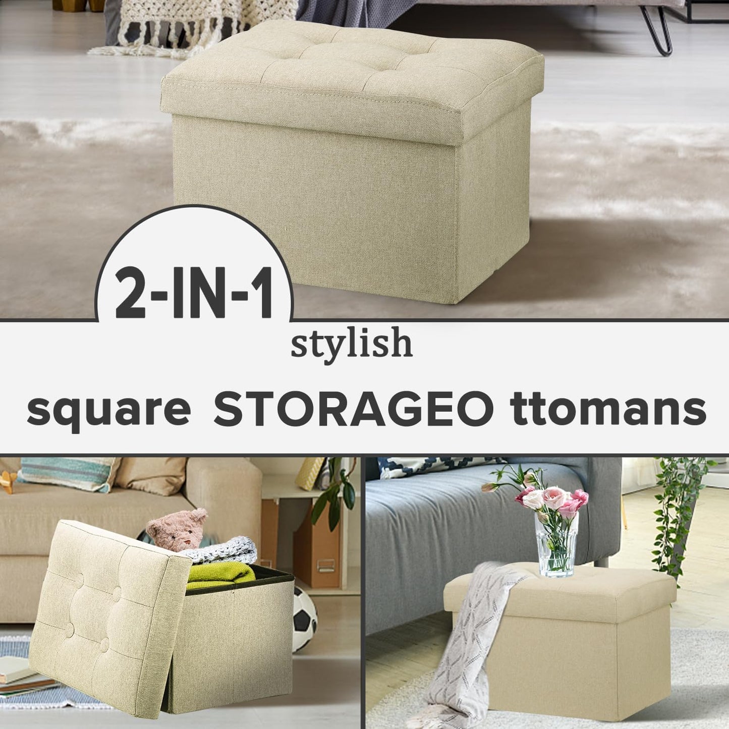 LINMAGCO Ottoman Storage Ottoman with Storage Small Foot Rest Stool Under Desk Stool Short Folding Footrest Linen Cloth Dark Gray 16X12X12IN