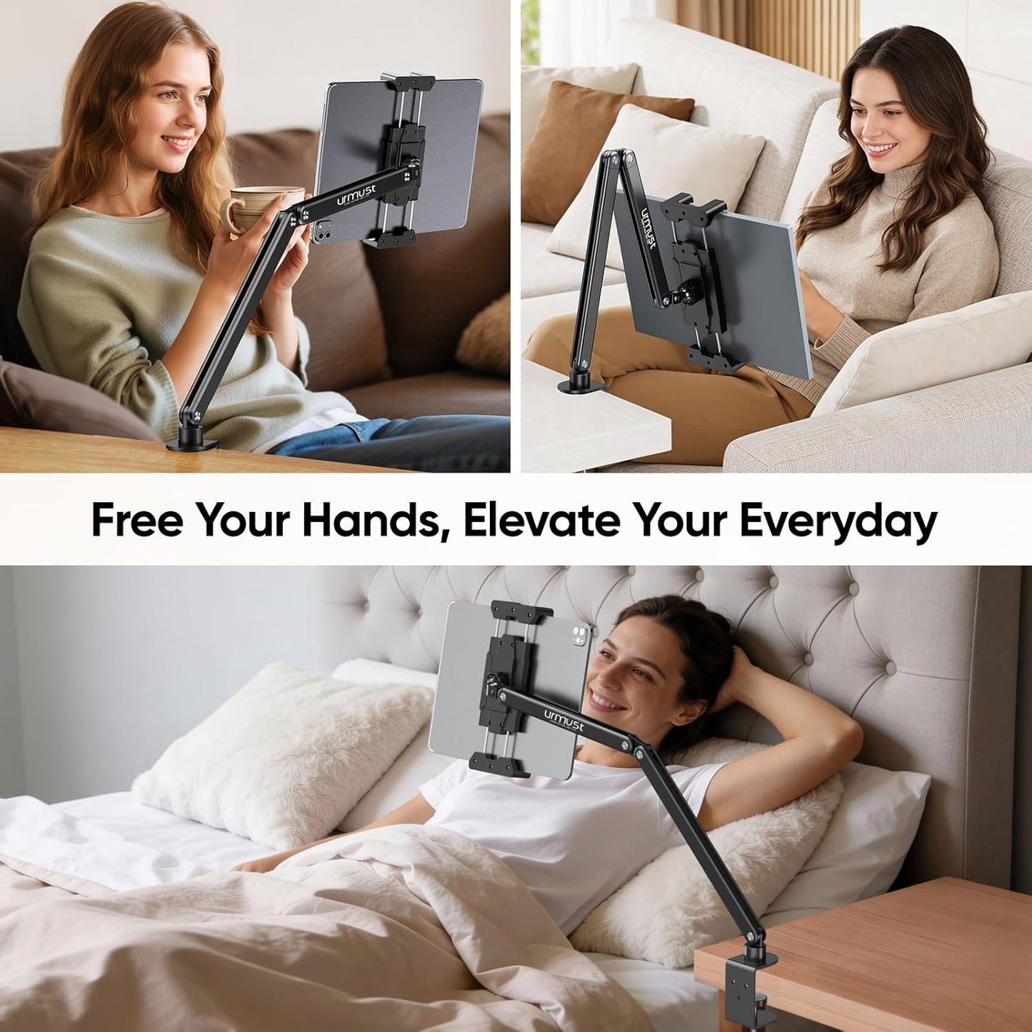 Urmust Tablet Stand for Desk, Adjustable iPad Holder for Bed, 360° Rotation, Sturdy Aluminum Tablet Arm Mount for 4.7"-15.6" iPad Pro/Air/Mini, iPhone, Galaxy Tab, for Kitchen, Work, Video Call