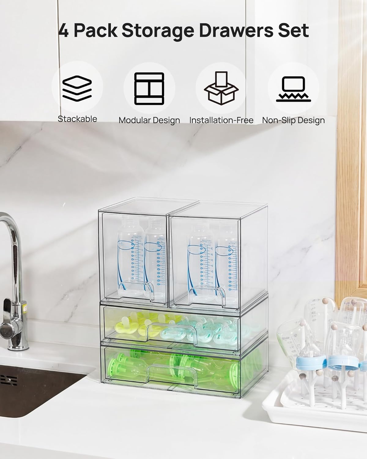Vtopmart Stackable Storage Drawers Set of 3,Clear Plastic Organizer Bins for Makeup, Cosmetics, Beauty Supplies,Ideal for Vanity, Bathroom,Cabinet,Pantry Organization