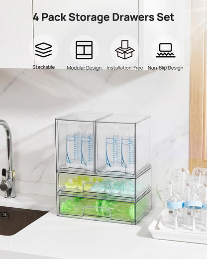 Vtopmart Stackable Storage Drawers Set of 3,Clear Plastic Organizer Bins for Makeup, Cosmetics, Beauty Supplies,Ideal for Vanity, Bathroom,Cabinet,Pantry Organization