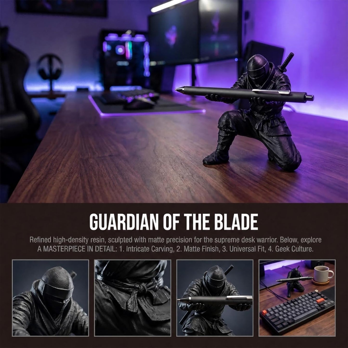 Ninja Pen Holder for Desk - Cool Samurai Figurine Pencil Stand & Office Decor, Gifts for Men