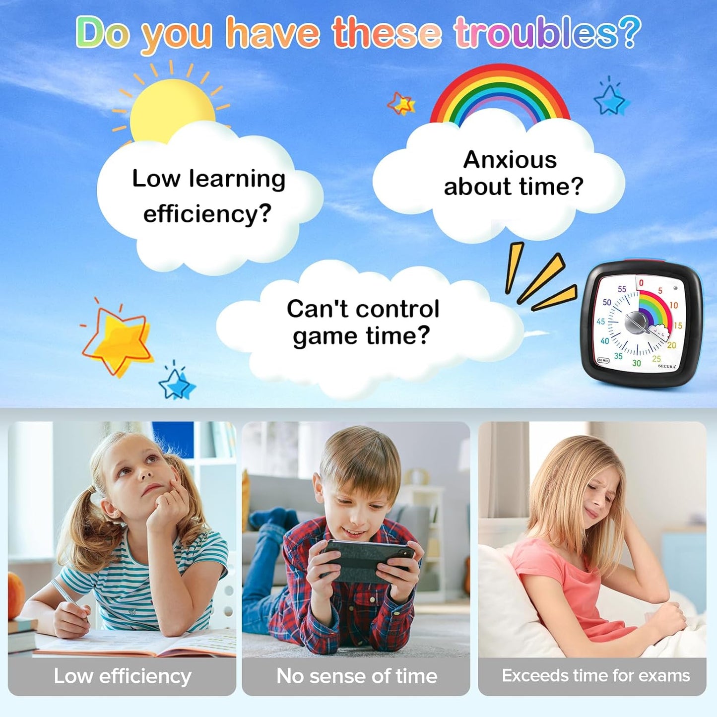 Secura 60-Minute Visual Timer, Silent Study Timer for Kids and Adults, Time Clocks, Time Management Countdown Timer for Teaching (Black & Cloud)